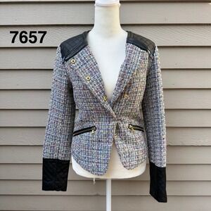 Collection by Bernardo Womens Tweed Moto Blazer Faux Leather Trim Multi Color S